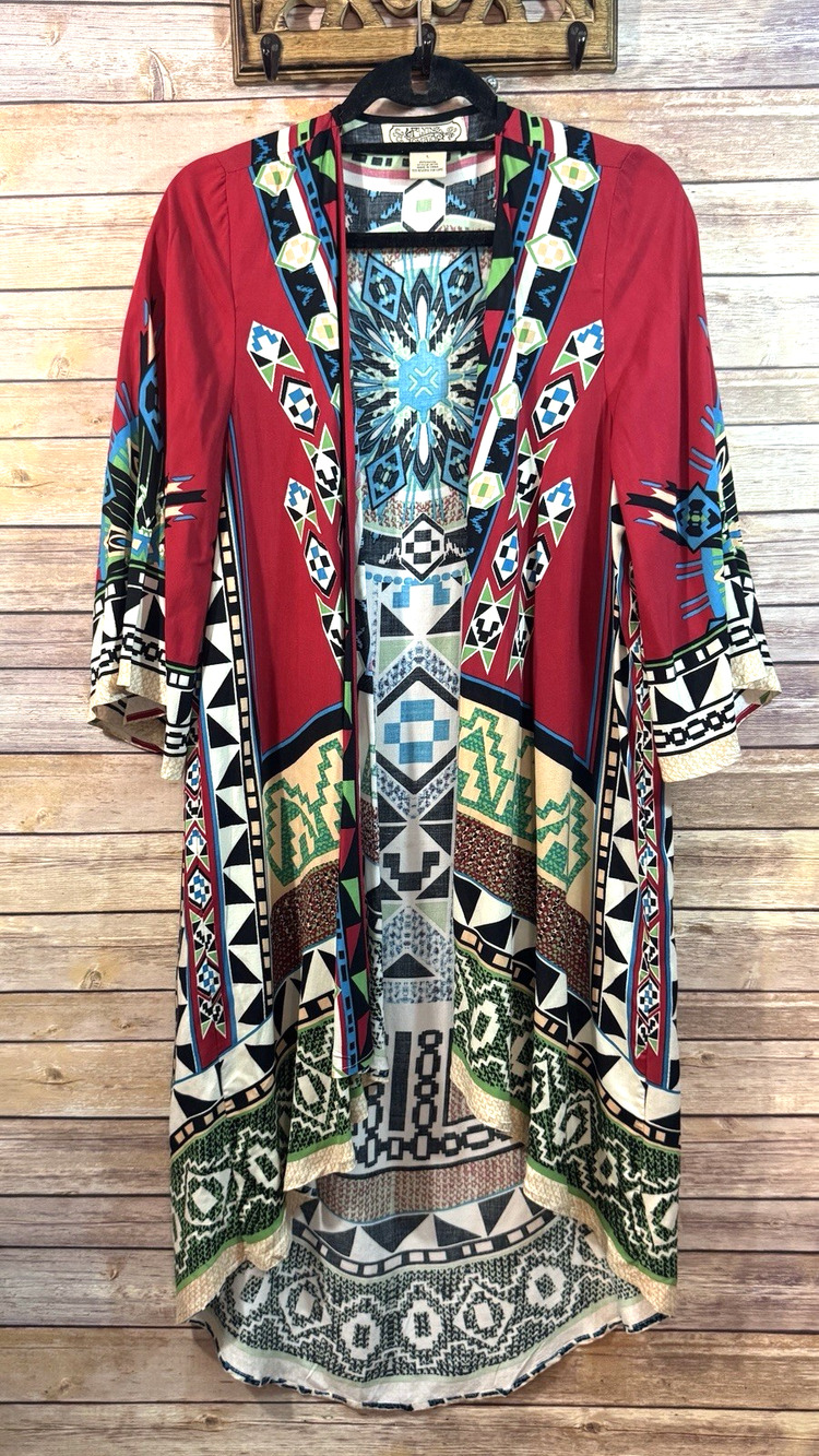 Flying Tomato Womens Vibrant Red Aztec & Geometric Patterned Ope Fron Kimono L